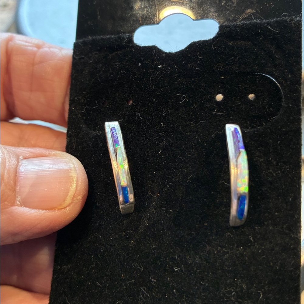 925 Silver Multi-Color Opal Inlay Earrings (Zuni)